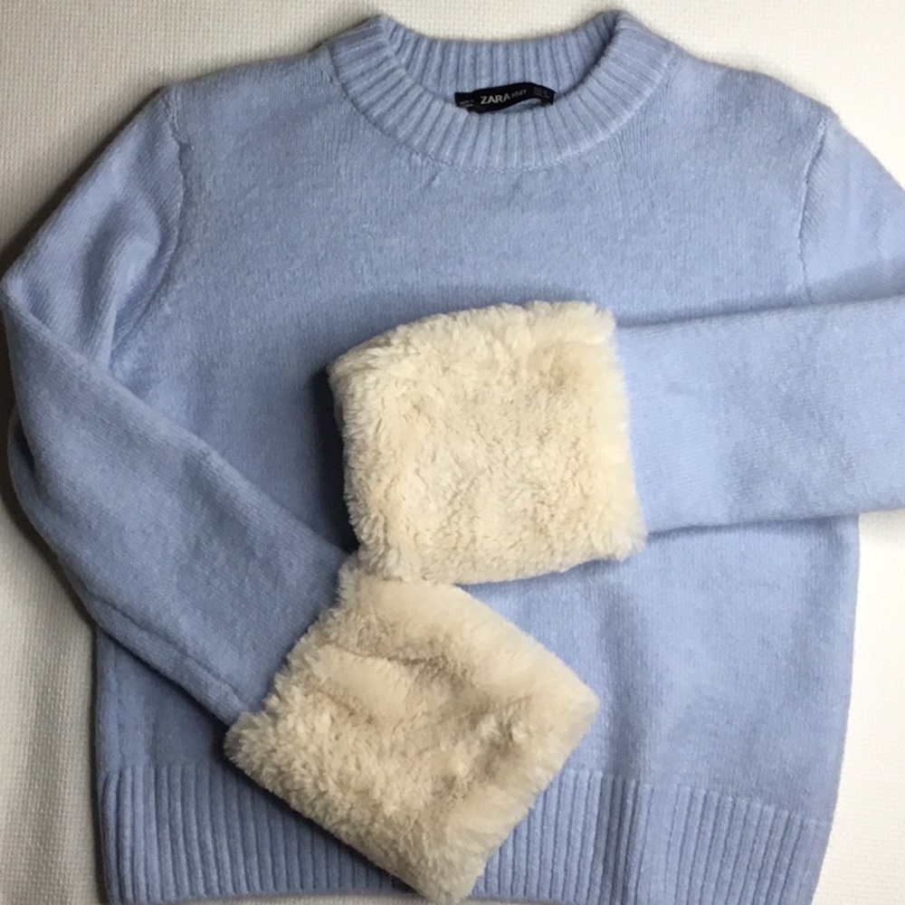 Zara baby blue sweater with white fur cuffs